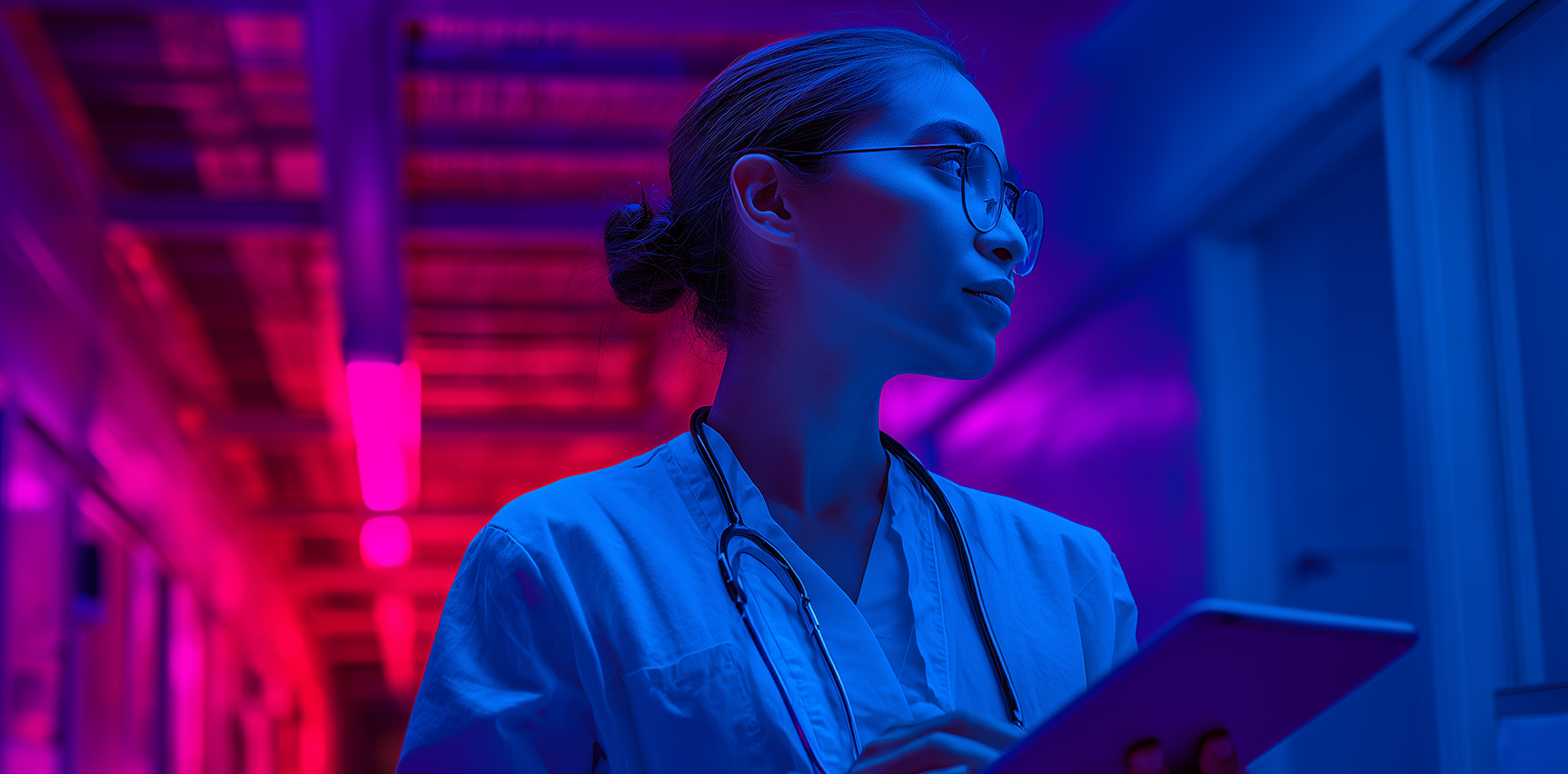 A healthcare professional illuminated in blue and pink light